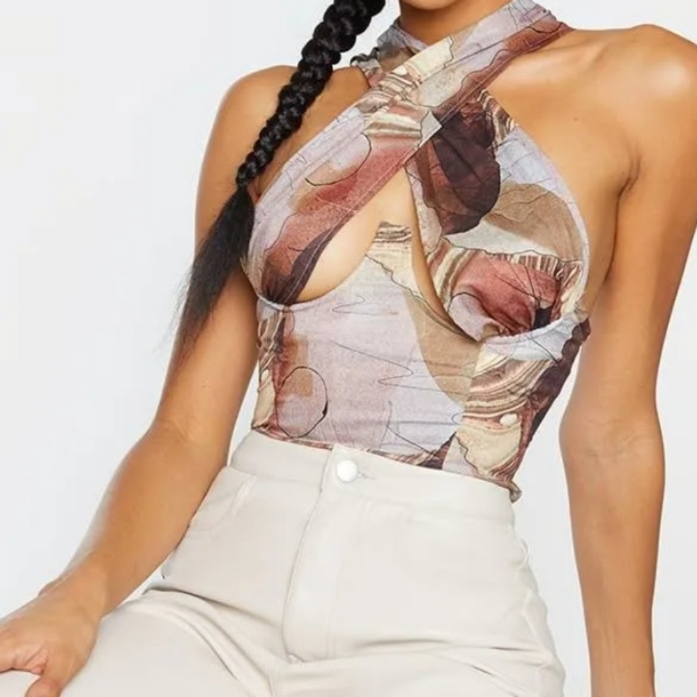 PrettyLittleThing Woven Abstract Print Underbust Halterneck Cross Over Zip Top